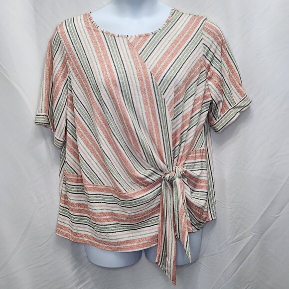 Perseption Striped Tie Front Top Womens 2X Plus Blouse Stretch Short Sleeve T11X - Picture 1 of 6